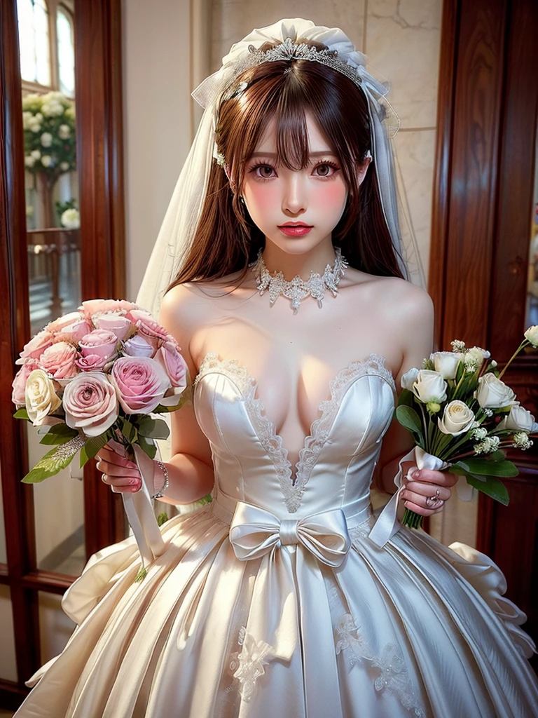 ((highest quality)),(超A high resolution),(Very detailed),(Detailed Description),((The best CG)),(masterpiece),Very detailedなアート、Small breasts、Whitening 1.5、Clear skin quality、(((Full upper body nude 1.5)))、Racing High Leg、hair ornaments、(1.5)))Tying up hair、((( 1.5)))、Glitter Necklace、Ultimate Beauty 1.5(((Wedding Dress 1.5)))、((Bouquet bouquet))、(((A large amount of petals falling 1.5)))、church、Full Body Shot、