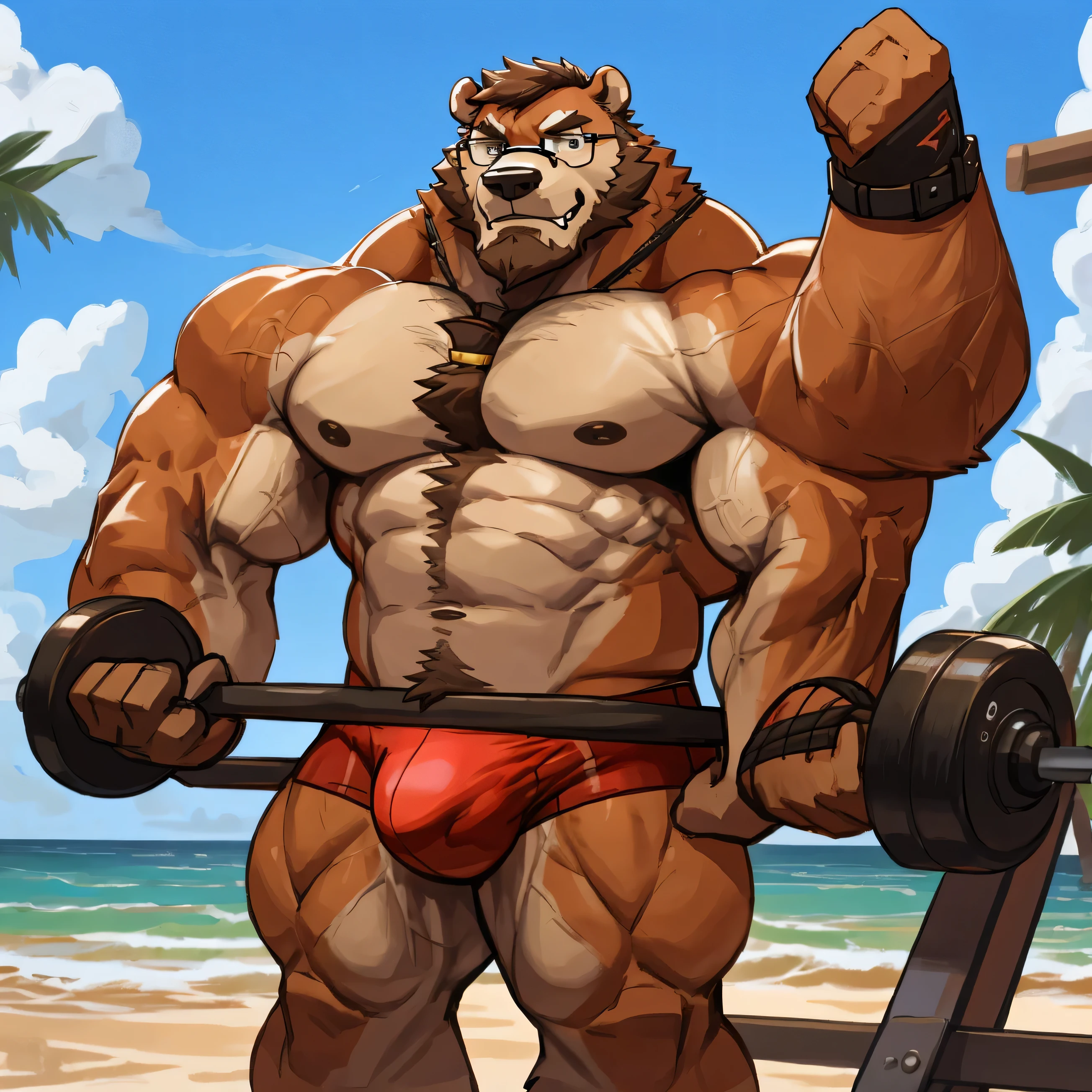 solo, 1boy, Huge Muscular Old Grizzly Bear wearing glasses , pectoral, huge pectoral, wide pectoral, brown fur, short brown hair, black competitive briefs, wristbands and shirtless topless, bearded, brown Mustache, muscle beach background, masterpiece, high detailed, 8k, high resolution, at the muscle beach working out on the cable crossover machine carrying over 100lbs and 45kgs heavy weights pulling the cable wires, pumping it up