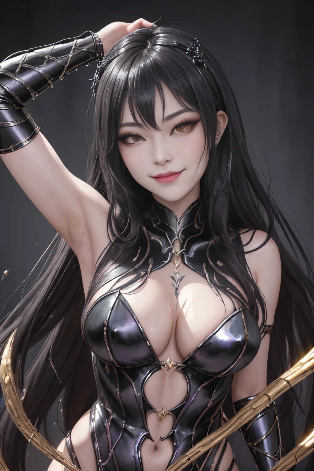 arcane arachnid lady, elise the spider queen, league of legends, arcane arachnid, fighting stance, ( body formed from metallic mauveine and metallic black liquid metallic paint twisting into a beautiful interpretation of the female figure), long sharp fangs, au naturel, ((complex metallic colours in the foreground)), (( fluid mechanics, the loveliest smooth scale face makeup, smirky expression)) - dark blood, onyxia