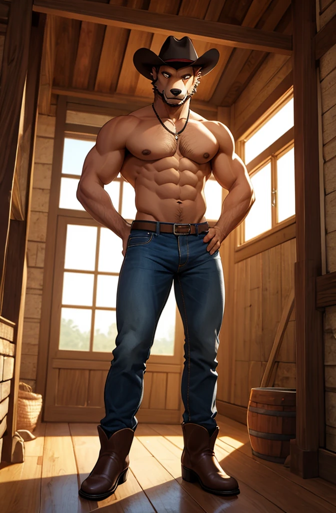 Solo, male, brown anthro werewolf, brown fur body, brown pubes, muscular, topless, wearing tight blue jeans and brown cowboy boots, beige cowboy hat, sexy pose, at a barn house, full body shot view, best quality, masterpiece, intricate details, Anime