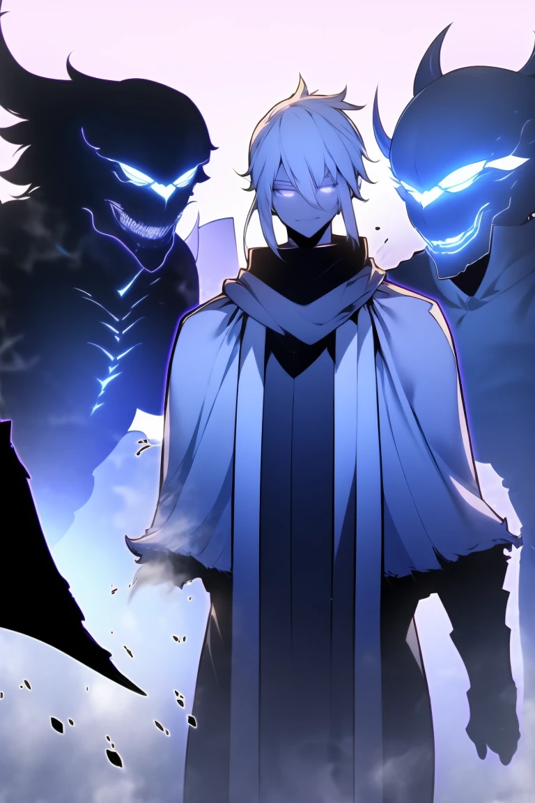 man in fantasy clothes, coarse white hair, Coarse hair in a ponytail, white blue eyes, Scary smile, Black scarf, black pancho, intense color, 4K, enlargement/Unminify, Complex pencil sketches, complete anatomy