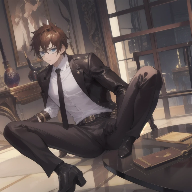 1boy, male focus, muscular male, nsfw, 3D, realistic, indoor, normal hue, central, golden ratio, sitting on the leather couch, sharp-featured body, tall, burly, highres, slender build, perfect anatomy, skin texture, thick dark buzzcut hair, see-through bangs, shallow eyebrow, symmetrical eyebrow, large bright eyes, symmetrical eyes, square gold-rimmed glasses, big straight nose, closed mouth, double-edged polearm, broad shoulders, noble attire, bdominal stretch, tight-fitting, leather collar, stand-up collared shirt, necktie, waistcoat, open thickened glossy dark leather jacket, six-pack abs, leather gloves, black trousers, leather belt, spreading long thin legs, large erect penis over 10 inches length and 3 inches width, erection, large scrotum with testicles, masturbation, high-heeled leather boots, soft smile, handsome, powerful, from front, looking ahead at viewer, day, masterpiece, best quality, hyper-detailed, intricate detail, professional photography, matte, bright, the most beautiful ever seen, post processing, dreamatic lighting, ambient lighting, epic composition, ultrawide shot, uplight, raytracing reflections, depth of field, gorgeous background