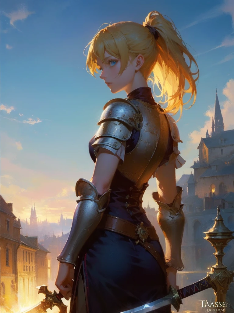 masterpiece, best quality, rpg character art, epic fantasy art style, 1 woman, Emily, 18 year old woman, mature and confident demeanor, full body fantasy concept art, blond hair in a ponytail comes down to her mid-back, crystal blue eyes, high detail, fantasy medieval style clothes (very light armor, sword at her waist), attire is modest but feminine, intricate details, ultra high resolution, sharp focus, HD, 8k, clear facial features, clear details, background is a medieval fantasy village, moving towards viewer