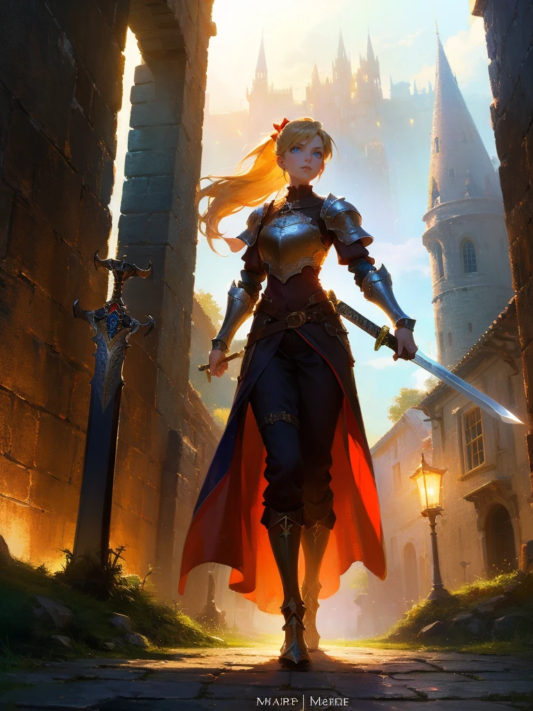 masterpiece, best quality, rpg character art, epic fantasy art style, 1 woman, Emily, 18 year old woman, mature and confident demeanor, full body fantasy concept art, blond hair in a ponytail comes down to her mid-back, crystal blue eyes, high detail, fantasy medieval style clothes (very light armor, sword at her waist), attire is modest but feminine, intricate details, ultra high resolution, sharp focus, HD, 8k, clear facial features, clear details, background is a medieval fantasy village, moving towards viewer