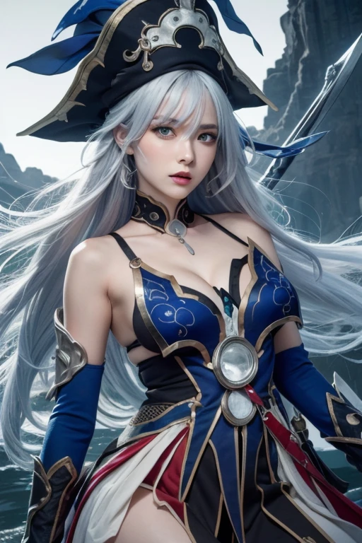 Anime Style、White skin、Gray Hair、Blue bristles、look up、maximum、stand out、Colorful gas expression、Captivating big boobs、woman、High-frequency detail (((Sharpness)))、((Sharp Focus : 1.2)) 、Pueros Face_V1: 0.7)、(8K、highest quality)、Very large breasts lighting)))、Beautiful lighting、Highly detailed face、Well drawn hands、Well drawn feet、Well drawn feet、Her breasts were exposed.、(masterpiece: 1,2)、highest quality、masterpiece、High resolution、Original and highly detailed wallpaper、information: Dressed as a pirate、black pirate costume、Pirate hat、Holding a sword、I use an eye patch。Pirate hat with feather、Bright Eyes、Light green eyes、Green Eyes、Dominant、Dominantwoman、Look forward、Front pose、Bright Eyes、blue eyes、Threatening、閉じた口とDark red lipstick、Dark red lipstick