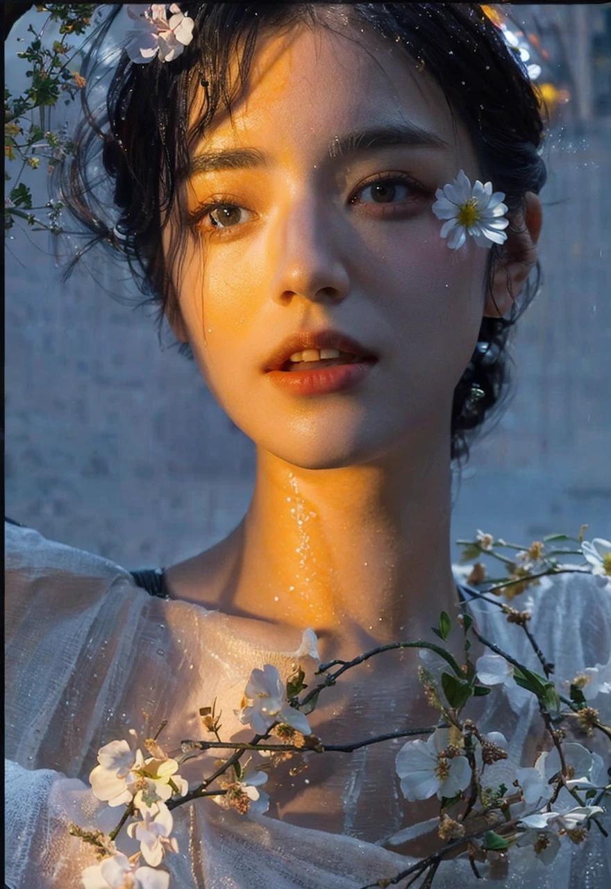 beautiful young girl, 18 years old, 4k, 8k, best quality, masterpiece:1.2, realistic, photorealistic:1.37, cute, night, rain, wet, professional lighting, photon mapping, radiosity, physically-based rendering, super resolution
