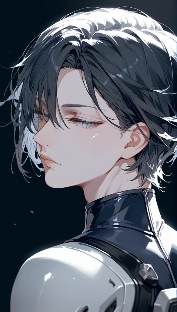 masterpiece, Score_9, Score_8_up, Score_7_up, rear view, 1 man, alone, black hair with silver, layered hair cut, gray eyes, half-closed eyes, lips parted, expressionless, pale skin, bodysuit top, black background, best quality, .
