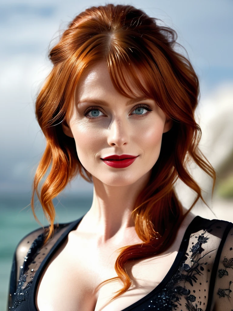 hyperrealistic beautiful busty (Bryce dallas howard)woman with long legs, model shooting full body photography, ginger very long straight updo hair, soaky wet skin, dark eye makeup with eyeliner, seductive smile, red lips, 8K, Best quality, Meisterwerk, ultra high resolution, (Realismus: 1.4), Originalfoto, (realistische Hautstruktur: 1.3), (Filmkorn: 1.3), (Selfie-Winkel), 1 girl, Beautiful round hazel eyes and facial details, Meisterwerk, Best quality, indoor photography, nsfw, bryce dallas howard,full body,