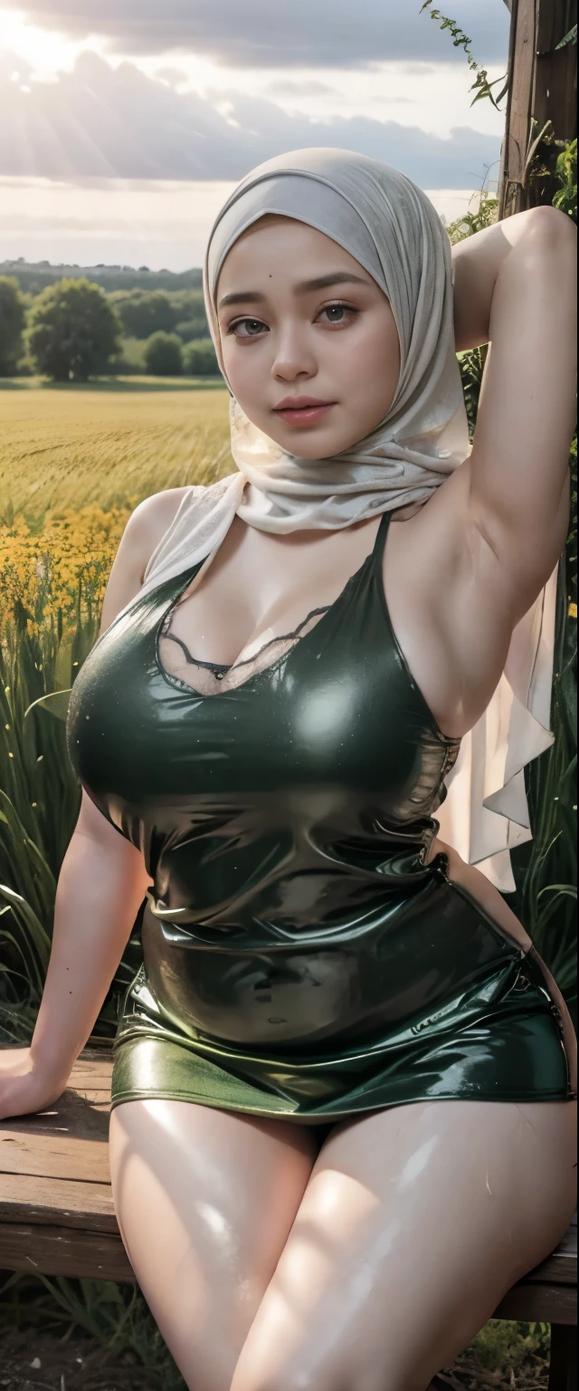 ( Close Up),RAW, Best quality, high resolution, works: 1.3), Beautiful Malay woman in hijab, Masterpiece, fit body, big breasts, beautiful big eyes, Soft smile, beautiful face, woman sitting at a table in a green meadow, traditional beauty, moment sunset, in the field, in the countryside, beautiful woman, with the sunset, wearing a soft thight dress, ,, hijab, beautiful woman, with a beautiful appearance, a very beautiful masterpiece, a masterpiece of art, good lighting, Bright colors, Clean lines, chubby body, wide chubby hips, chubby arm, chubby massive thighs , massive cleavage , massive armpits , white armpits , armpit hair , extra-large cleavage, full body , milky white skin , open legs, armpit, wet armpits , open legher open leg 