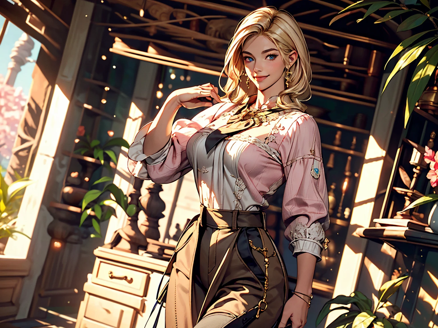 Delicate and beautiful CG art),(highest quality, Very detailed, High resolution),(Dynamic Angle, Dynamic Lighting),(One character),(Long pink and blonde hair), blue eyes, Beautiful Face), 1 girl, (Long sideburns, plant, smile, wear Classic jodhpurs, stable, smooth hand