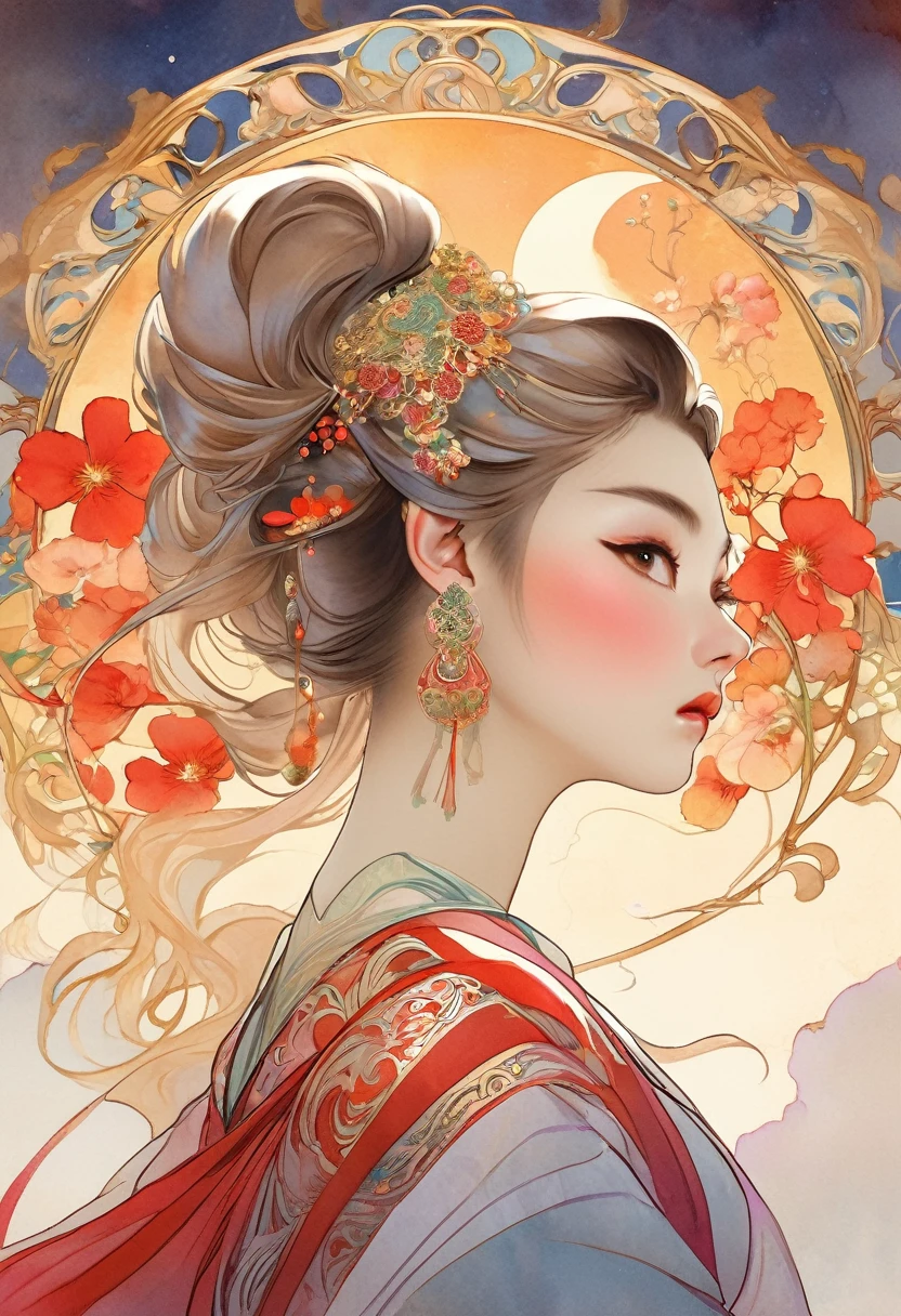 ((ผลworkชิ้นเอก)), (best quality), (work), Art Nouveau watercolor paintings , Moon Goddess , ,overcoat,gold,Show your neck,bare shoulders,Showing your navel,Exposed camel toe,Pom tattoo on butt,Big eyes, long,ck eyelashes, ริมฝีปากchubbyอิ่ม, Crimson eyes, hair long and thick, high ponytail, chubby, flower_background, Intricate designs and patterns in the style of Alphonse Mucha..from behind