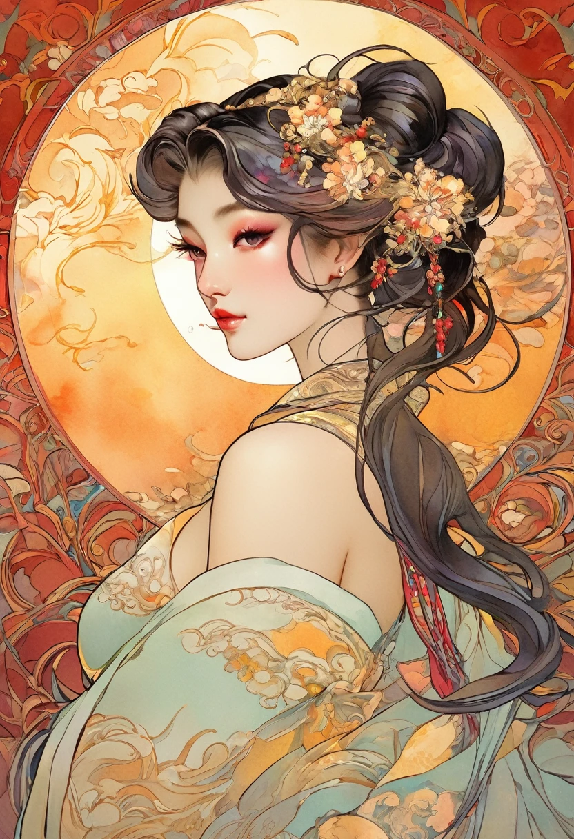 ((ผลworkชิ้นเอก)), (best quality), (work), Art Nouveau watercolor paintings , Moon Goddess , big breasts，overcoat，gold，Show your neck，bare shoulders，Showing your navel，Exposed camel toe，Plum blossom tattoo on butt，Big eyes, long, Thick eyelashes, ริมฝีปากchubbyอิ่ม, Crimson eyes, hair long and thick, high ponytail, chubby, flower_background, Intricate designs and patterns in the style of Alphonse Mucha..from behind
