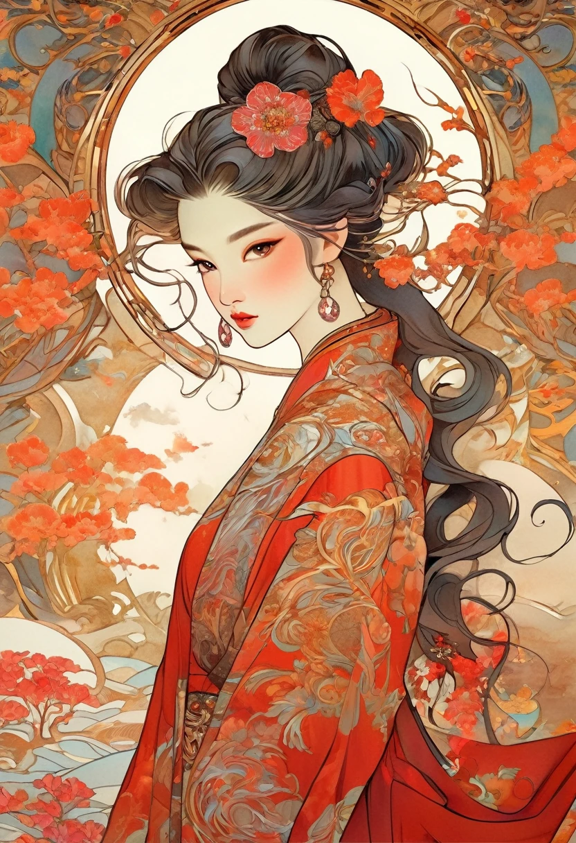 ((ผลworkชิ้นเอก)), (best quality), (work), Art Nouveau watercolor paintings , Moon Goddess , big breasts,overcoat,gold,Show your neck,bare shoulders,Showing your navel,Exposed camel toe,Plum blossom tattoo on butt,Big eyes, long, Thick eyelashes, ริมฝีปากchubbyอิ่ม, Crimson eyes, hair long and thick, high ponytail, chubby, flower_background, Intricate designs and patterns in the style of Alphonse Mucha..from behind