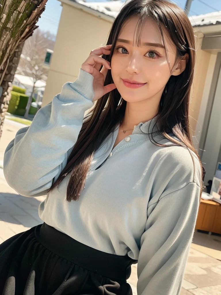 rie,One Woman,(best quality), (ultra detailed), (absolutely resolution),Face is front, 28 years old, Shoulder baring, Polo shirt and culottes, The color of the clothes is light blue, The pattern on the clothes is paisley, Black Hair, Hokkaido in winter、Snow-covered trees and a silvery world