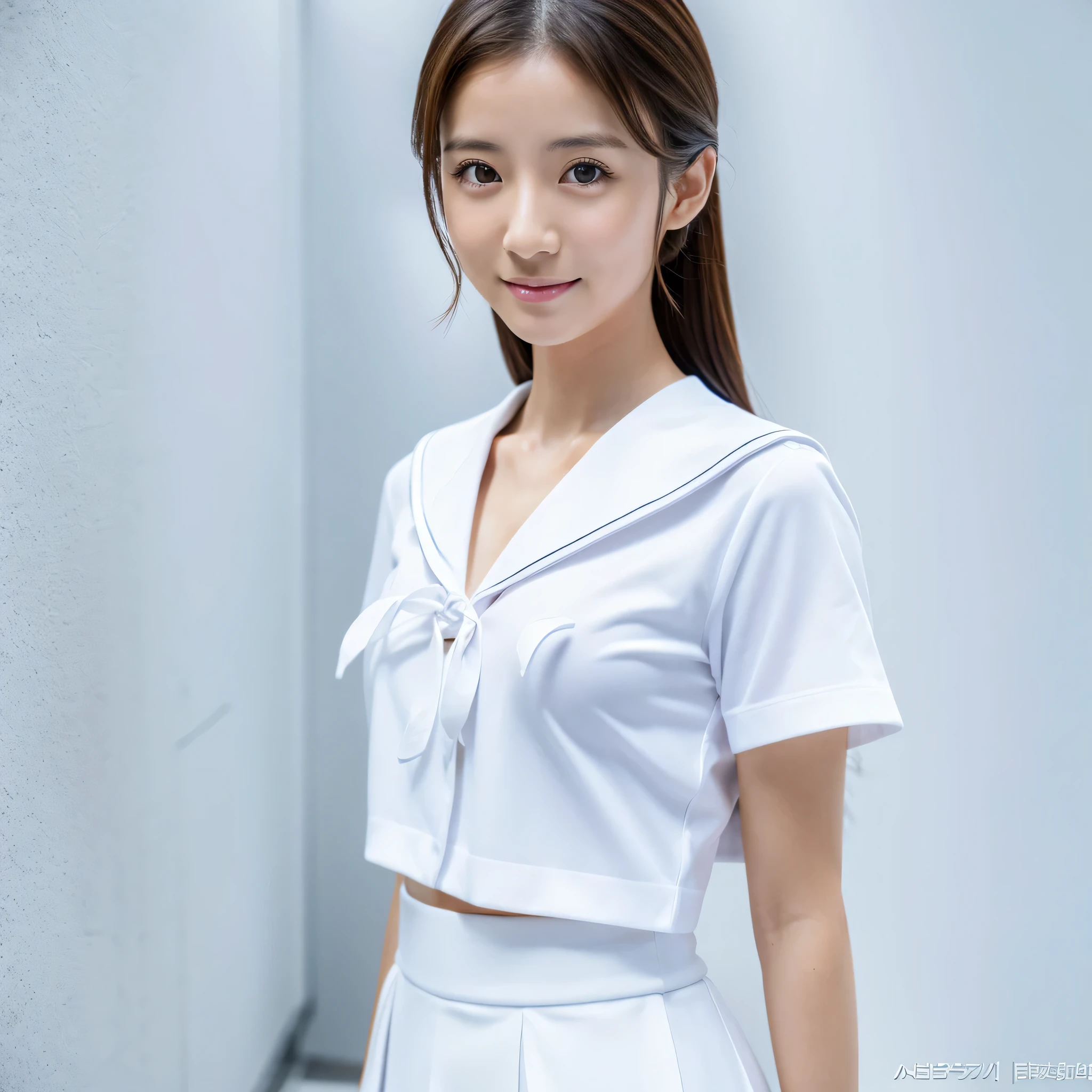 One girl, Sailor suit, (Masterpiece), (Realistic), (Ultra fine), (beautiful), White background, Professional Lighting, (highest quality, 128,masterpiece), Very beautifulLong face, Japanese Model, Big Breasts, clavicle, Ultra HD, (Photorealistic:1.1), RAW Photo, White Wall, Big eyes, Black brown hair,Standing,StandingFull body, Smile, Full body photo, Long face,