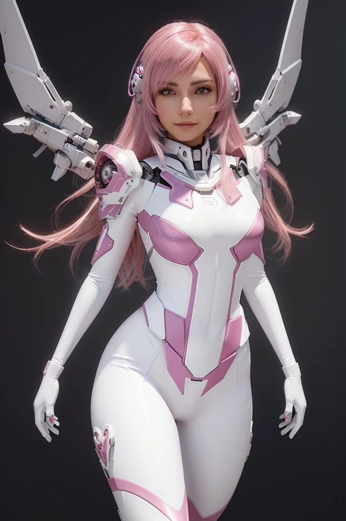 un primer plano de una mujer vestida de blanco y rosa sosteniendo dos espadas, streamlined pink armor, girl with mecha cybernetic armor, armadura rosa resbaladiza, Arte de personajes de renderizado 3D 8 k, armadura blanca brillante, personaje animado; arte de cuerpo completo, en armadura futurista blanca, perfect cyborg animado woman, chica armadura, cyborg animado, personaje animado, grandes oppai