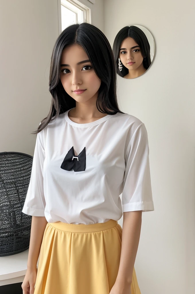 Chica anime joven de 18 con una blusa corta semi transparente levantando su falda de color negro y mostrando su ropa interior de color blanco
