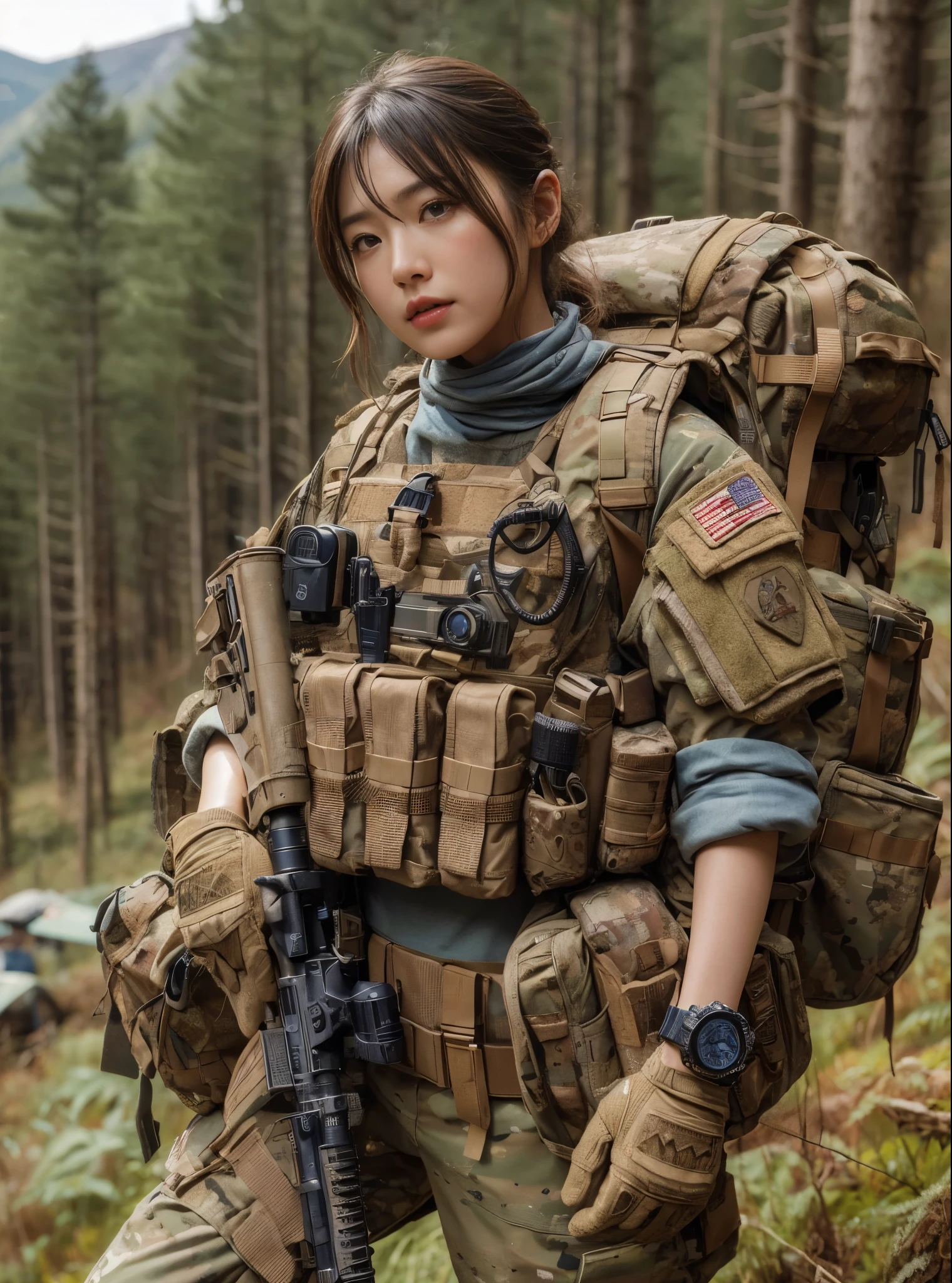 a highly detailed portrait of a japanese woman in the american military special forces, wearing full tactical gear including a bulletproof vest, watch, and military pants, standing in a mountainous american landscape, hyperrealistic, 8k, extremely realistic skin texture, photorealistic, superrealism, best quality, 4k, 8k, highres, masterpiece:1.2, ultra-detailed, realistic, photorealistic, photo-realistic:1.37, HDR, UHD, studio lighting, ultra-fine painting, sharp focus, physically-based rendering, extreme detail description, professional, vivid colors, bokeh