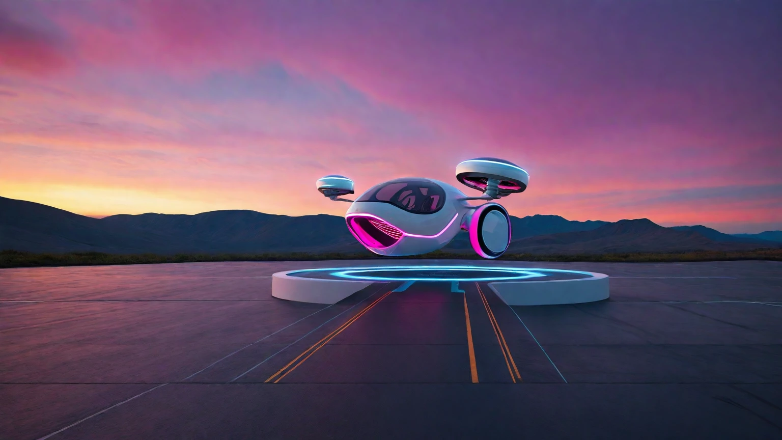 Create an image of a futuristic taxi drone inspired by Tesla, called Robotaxi. The drone should have a sleek and modern design, featuring a white and silver color scheme. It should have large, circular propellers on each side, and a glass cockpit with neon blue lighting accents. The drone is hovering above a high-tech landing pad that has an illuminated pathway. The backdrop should include a dramatic sky with deep pink and purple hues, resembling a sunset over a vast landscape with cliffs and greenery.