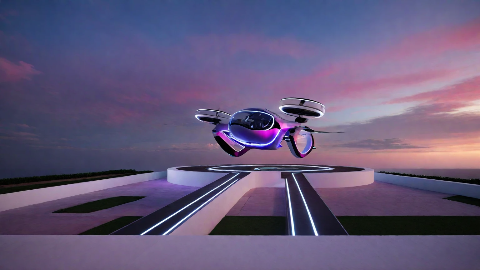 Create an image of a futuristic taxi drone inspired by Tesla, called Robotaxi. The drone should have a sleek and modern design, featuring a white and silver color scheme. It should have large, circular propellers on each side, and a glass cockpit with neon blue lighting accents. The drone is hovering above a high-tech landing pad that has an illuminated pathway. The backdrop should include a dramatic sky with deep pink and purple hues, resembling a sunset over a vast landscape with cliffs and greenery.