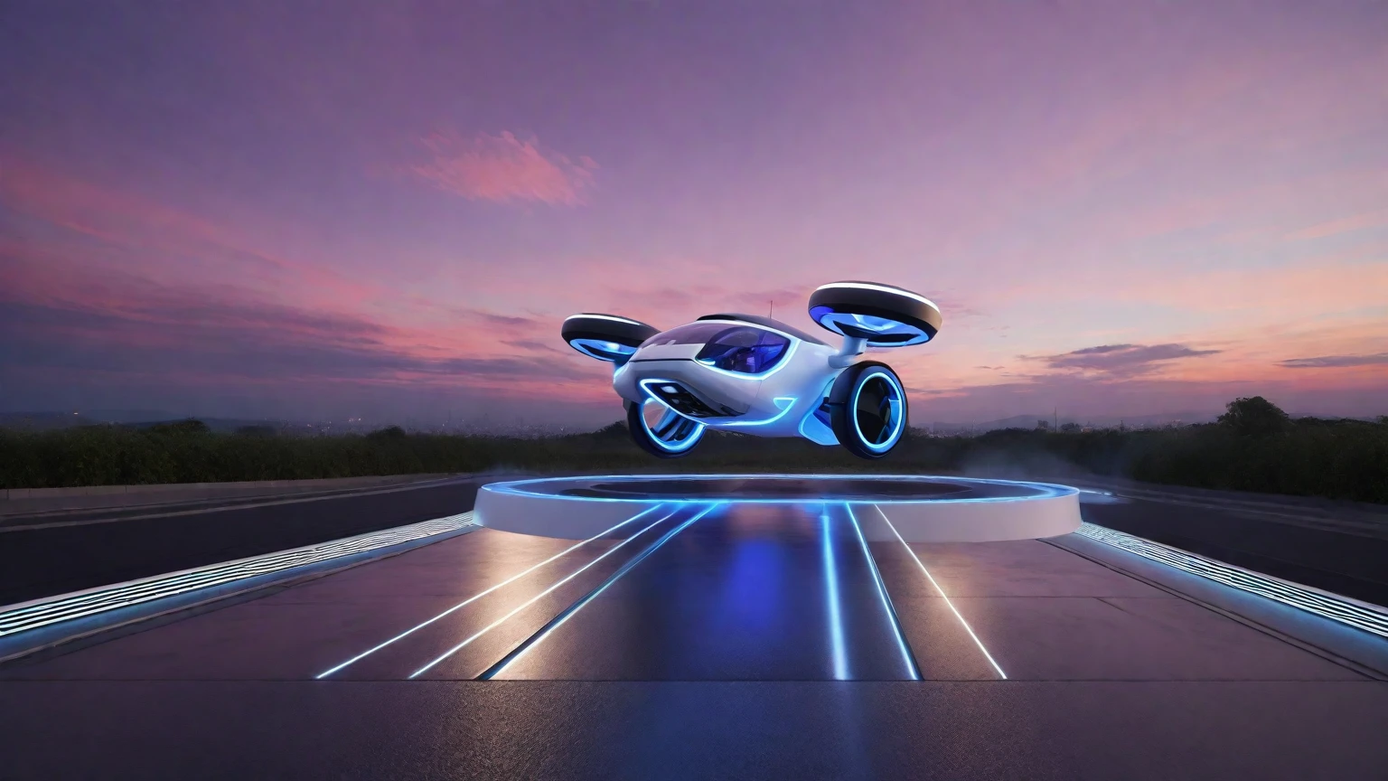 Create an image of a futuristic taxi drone inspired by Tesla, called Robotaxi. The drone should have a sleek and modern design, featuring a white and silver color scheme. It should have large, circular propellers on each side, and a glass cockpit with neon blue lighting accents. The drone is hovering above a high-tech landing pad that has an illuminated pathway. The backdrop should include a dramatic sky with deep pink and purple hues, resembling a sunset over a vast landscape with cliffs and greenery.