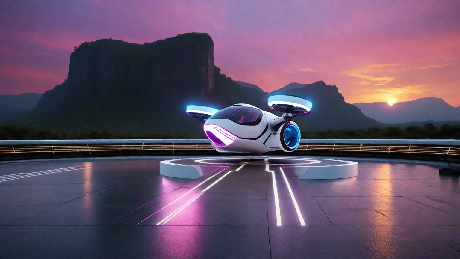 Create an image of a futuristic taxi drone inspired by Tesla, called Robotaxi. The drone should have a sleek and modern design, featuring a white and silver color scheme. It should have large, circular propellers on each side, and a glass cockpit with neon blue lighting accents. The drone is hovering above a high-tech landing pad that has an illuminated pathway. The backdrop should include a dramatic sky with deep pink and purple hues, resembling a sunset over a vast landscape with cliffs and greenery.