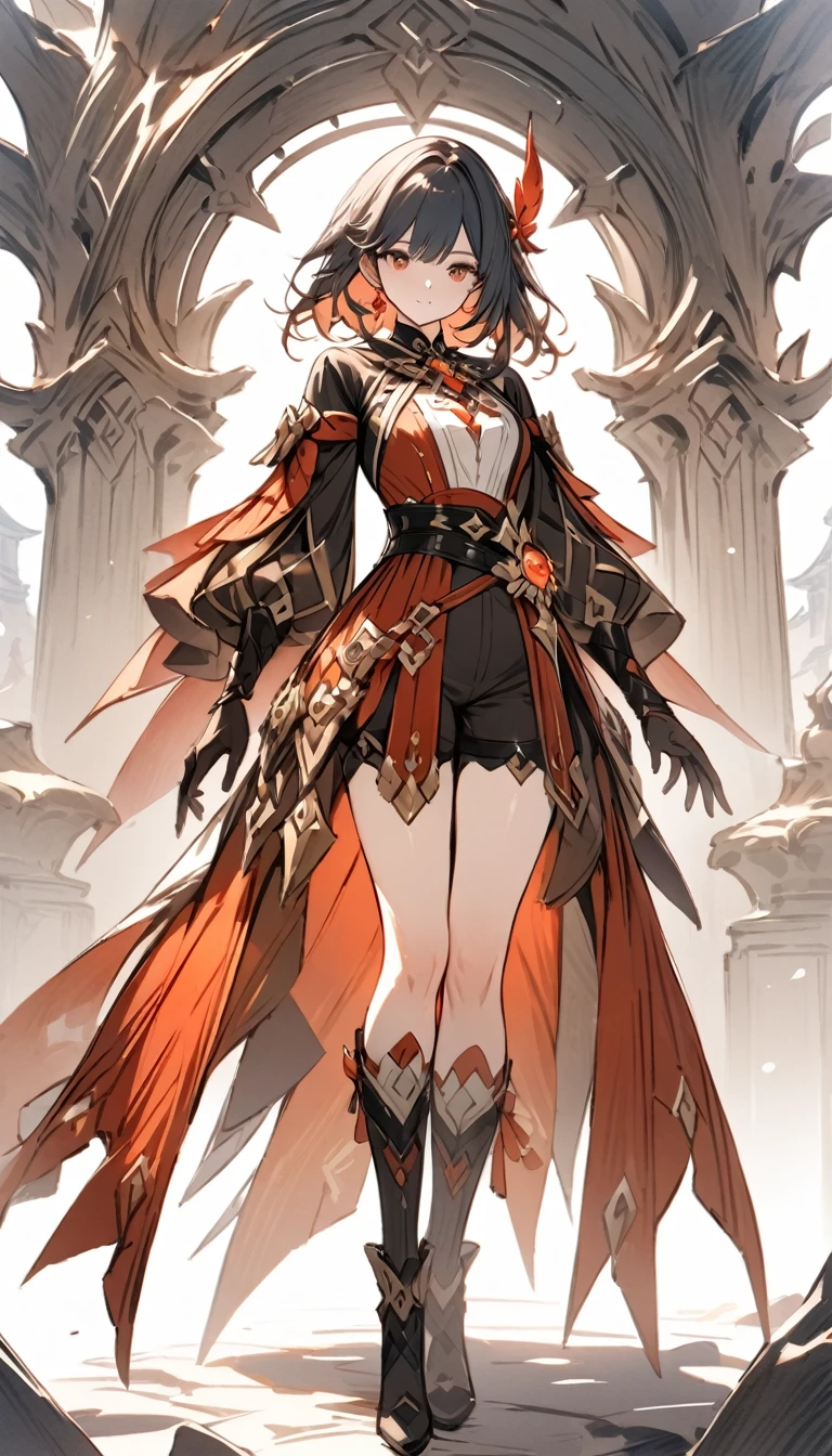 ((masterpiece)), ((best quality)), ((high resolution)), full body, standing, white backgroun, fantasy, genshin clothes, genshin outfit, fantasy theme, red,