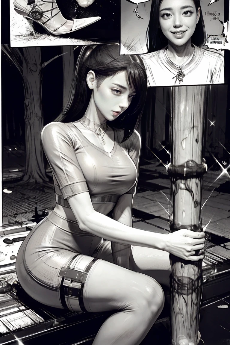 The beautiful girl in lace top and leggings is sitting astride a pile of skeletons in the center of the picture. She is holding a trembling sausage with juice squeezed out in her hand and smiling. There are multiple comic storyboards in the background，cbt, sausage bondage,sausage insertion,Sexy, trampling sausage with high heels heel,(masterpiece, best quality:1.2)，1 beautiful girl,sexy，comic storyboard:2, leggings, sit astride, axially symmetrical:2, ,femdom，sounding，cbt，hold，smile，colorful，leggings，thin gap，cameltoe，insertion，trembling，juice，spray， Long hair,Lace top,Sexy, Shiny leggings, High heel，cleveage, trampling, in forest, saliva , Mucus，