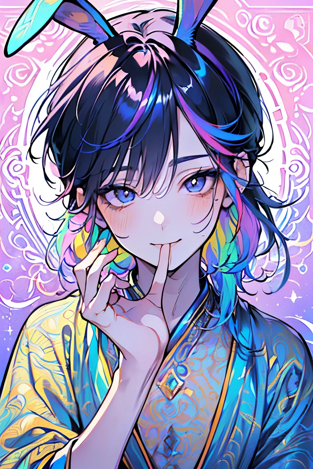 ,(((men's:1.3))),((Rainbow hair:1.3)),(Shiny marble eyes:1.45),(forehead mark),(NSFW:1.15),((rabbit ears:1.2)),(A lustrous, soft face:1.4),((blush、Waiting for a half-open kiss、smile face:1.2)),((head down:1.3)),((POP and cute animal footprint background:1.25)),((Gorgeous Arabian costume:1.3)),(yellow、LightBlue、purple、white、pink),(hand to own mouth:1.35)