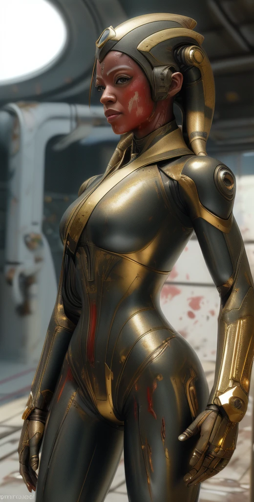 1 girl, solo, (look at viewer), ((Best quality)), ((masterpiece)), (detailed:1.4), ((upper body)), 3D, an image of a beautiful cyberpunk female,HDR (High Dynamic Range), Ray Tracing,NVIDIA RTX,Super-Resolution,Unreal 5,Subsurface scattering,PBR Texturing,Post-processing,Anisotropic Filtering,Depth-of-field,Maximum clarity and sharpness,Multi-layered textures,Albedo and Specular maps,Surface shading,Accurate simulation of light-material interaction,Perfect proportions,Octane Render,Two-tone lighting,Wide aperture,Low ISO,White balance,Rule of thirds,8K RAW, (((blood eyes))), , mechanical parts ahsoka, (dark skin:1.2), blood eyes, , medium breasts, bloodgold/black bodysuit, belt, (( bloodgold amor)) joints, body suit