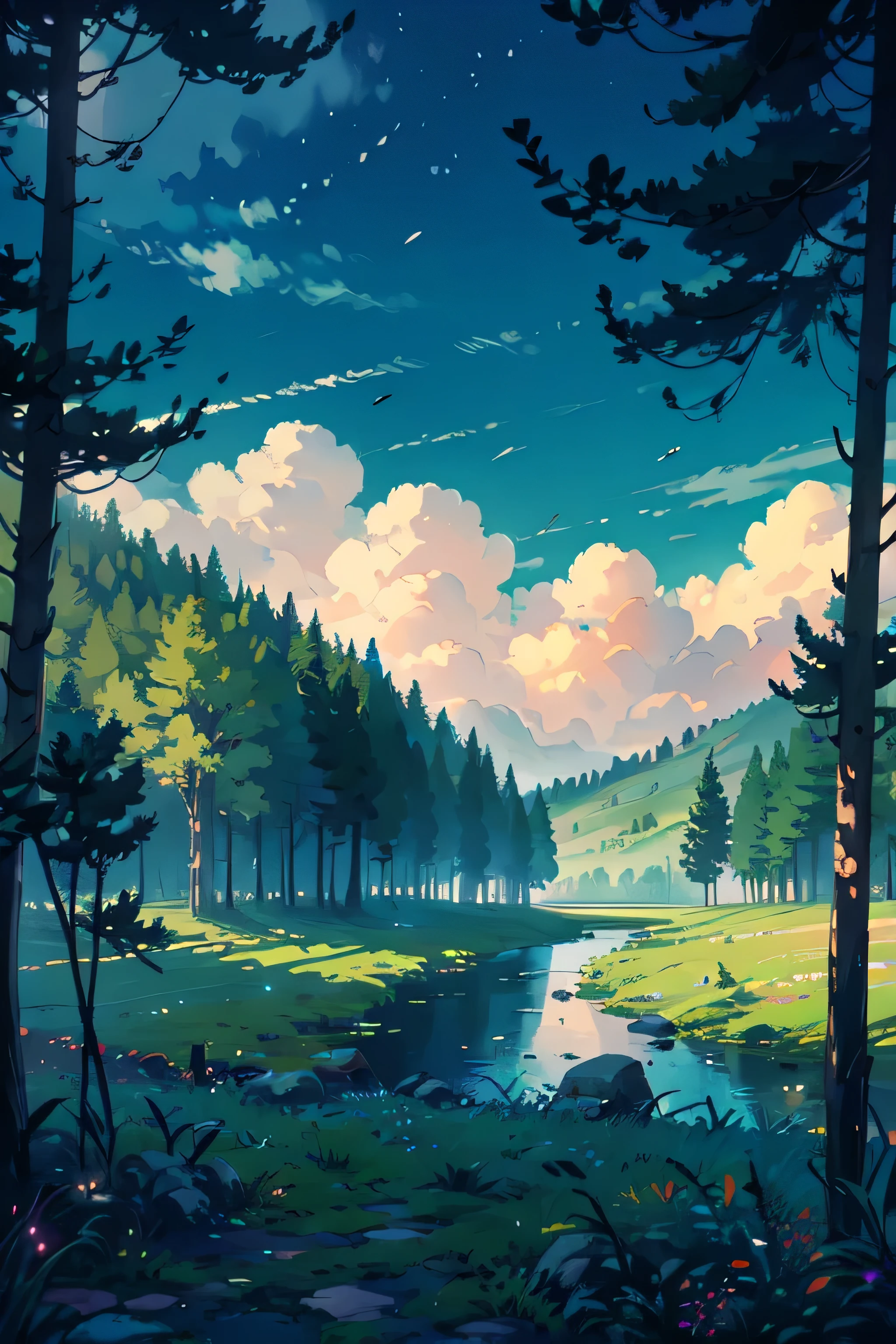This captivating image evokes a sense of peacefulness and tranquility in nature. The frame is filled with a serene landscape stretching as far as the eye can see. Rolling hilltops, adorned with lush greenery, cascade gently towards a horizon blanketed by an array of pastel hues. Soft sunlight bathes the scene, casting a warm glow that seeps through the tranquil atmosphere. The focal point of the image is a solitary tree, its branches reaching upwards towards the heavens. The leaves sway gently in the barely perceptible breeze, creating a harmonious melody of whispers. As if in response, the nearby birds rest upon the branches, their stillness mirroring the calmness of the surroundings. The image captures a moment of stillness, inviting the viewer to immerse themselves in the serenity of nature and surrender to the soothing embrace of silence.