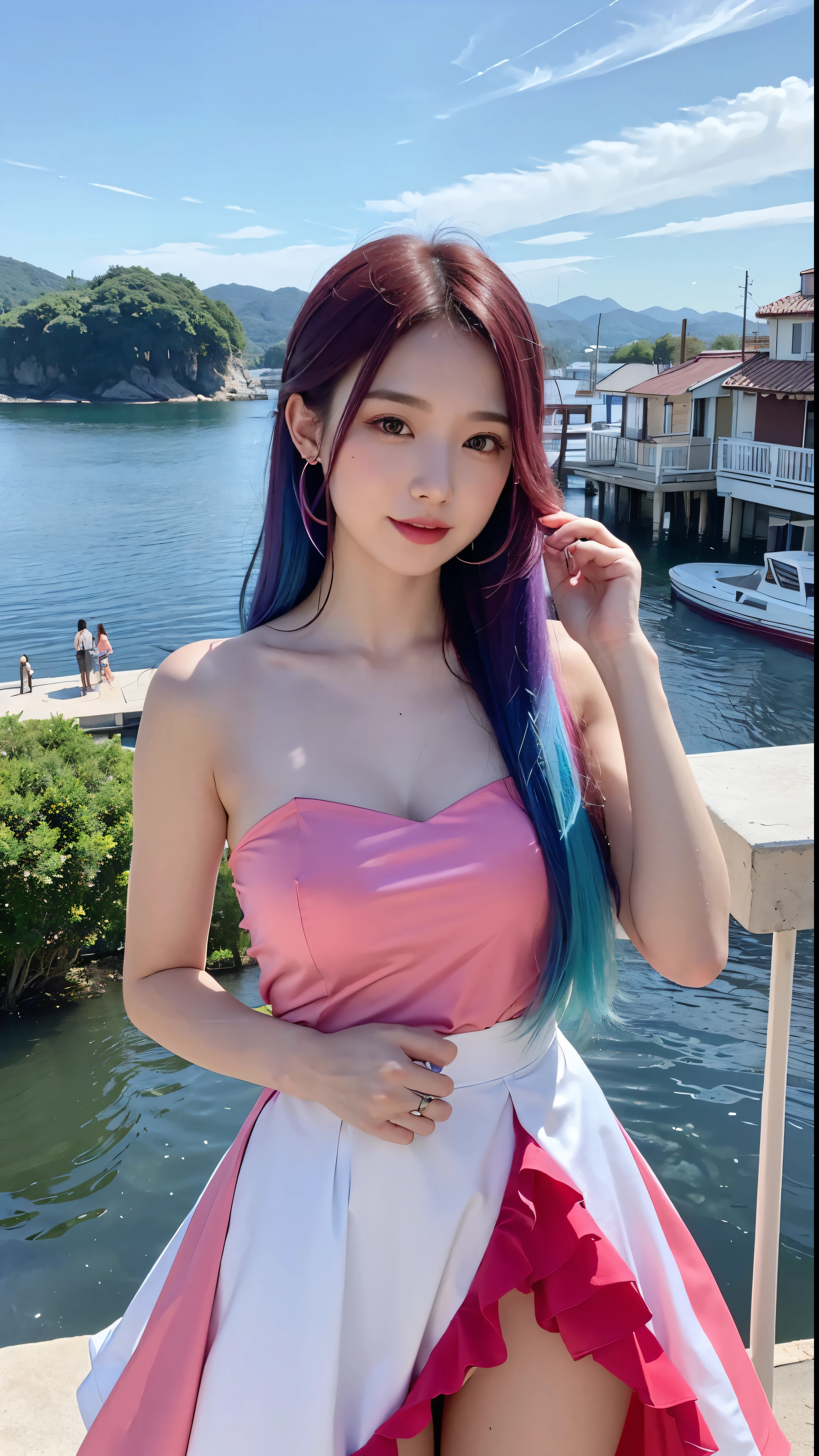 A stunning portrait of a 17-year-old girl with rainbow-coloured hair, a mix of blue and pink, under a brilliant sky on a sunny summer day、A breathtaking view unfolds。Half blue and half pink、A girl with colorful, flowing hair、Standing with a captivating smile。Long curls cascading down in golden waves、Frames bright sky blue eyes。Red and black repair dress 1.Wearing a voluminous 2-meter skirt、Captivate the audience with elegance。The dress was torn in many places、It is revealed