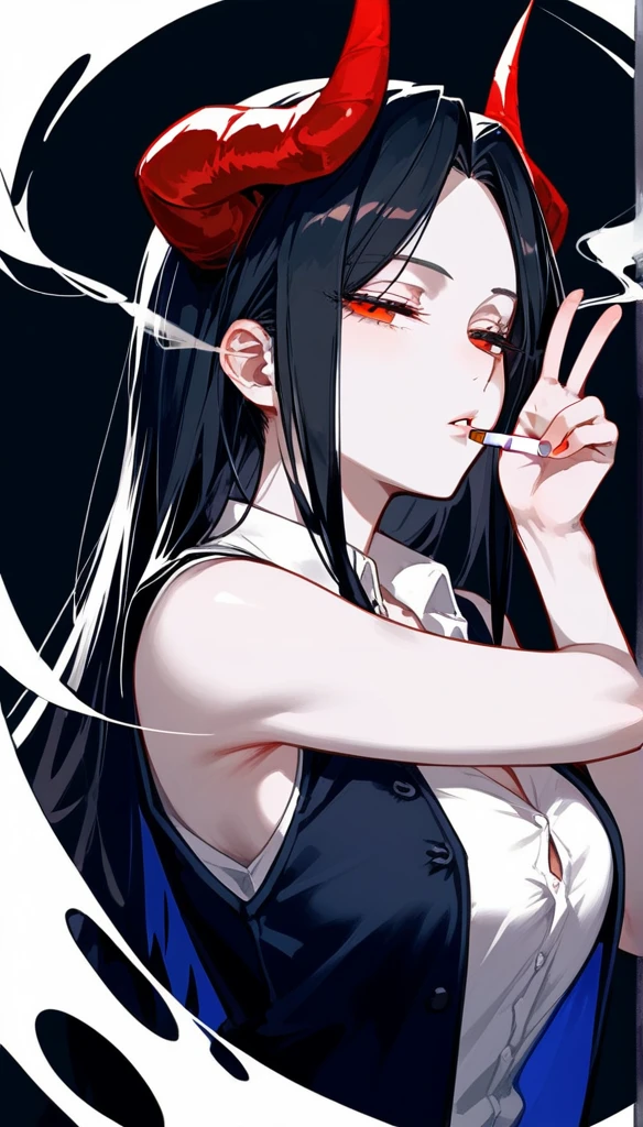 masterpiece, Score_9, Score_8_up, Score_7_up, rear view, 1 woman, alone, black hair with red, long hair, parted bangs, dark red eyes, half-closed eyes, parted lips, expressionless, pale skin, large breasts, top of the body, V-neck shirt, black background, best quality, horns up, long and split bangs, Shirt Sleeveless, With V neckline , Without vest, Castlevania, Smoking.