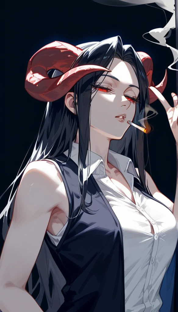 masterpiece, Score_9, Score_8_up, Score_7_up, rear view, 1 woman, alone, black hair with red, long hair, parted bangs, dark red eyes, half-closed eyes, parted lips, expressionless, pale skin, large breasts, top of the body, V-neck shirt, black background, best quality, horns up, long and split bangs, Shirt Sleeveless, With V neckline , Without vest, Castlevania, Smoking.