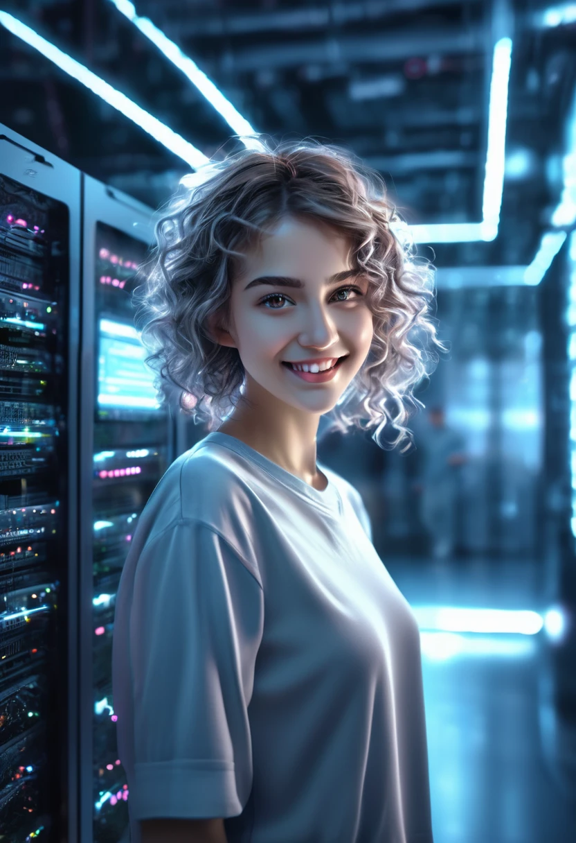 (full body:1) Of a young girl., Smart Casual, Hacker server room, detailed face, ((A cold facial expression)), (Short, straight, thin curly hair:1.2), Ultra-detailed photos, (realistic), (complicated details:1),(Masterpiece :1), (best quality:1), Ultra high resolution, (Detailed eyes), (Detailed facial features), hdr, 8k resolution, (lens flare:0.5), Light from far behind, (smile, happiness)