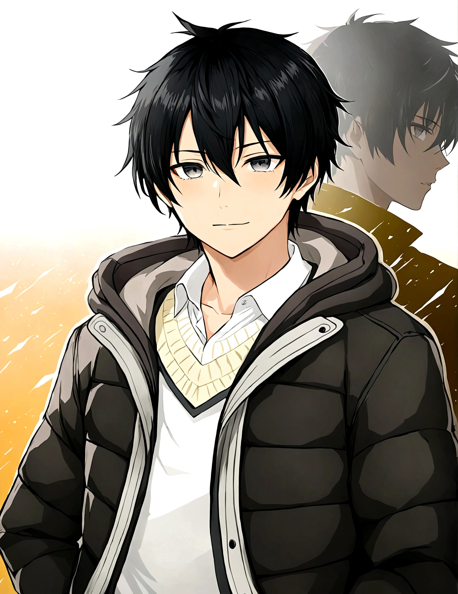 1boy，Black eyes，black hair，White shirt，Cardigan，Black down jacket，hood，hood羽绒，Male focus，solo，Upper Body