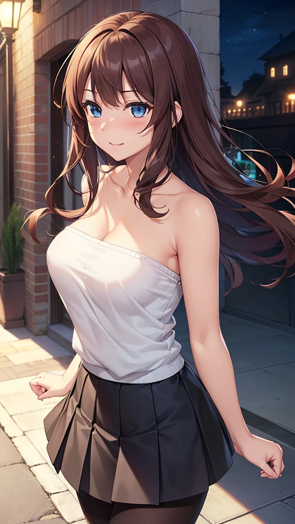 ((masterpiece, best quality, high resolution, Ultra HD, Pixel Perfect, Depth of Field, 4k, Renesas Electronics, Human Development Report))), 1 girl, single, Solitary, sexy anime girl, Beautiful art style, Anime Characters,Look at the whole body, ((long hair, Bangs, Reddish brown hair)), ((blue eyes:1.4, Round eyes, beautiful eyelashes, lifelike的眼睛)), ((Delicate face, blush:1.2)), ((Smooth texture:0.75, lifelike质感:0.65, lifelike:1.1, Anime CG style)), Medium breasts, Dynamic angle, Perfect body, ((portrait, Throw)), ((White strapless sweater, Black skirt, Pleated skirt, Black pantyhose)),Shy laugh, Grab the skirt with both hands,stoop,(Wind blowing skirt,Showing breasts,露出Black pantyhose),Street view at night