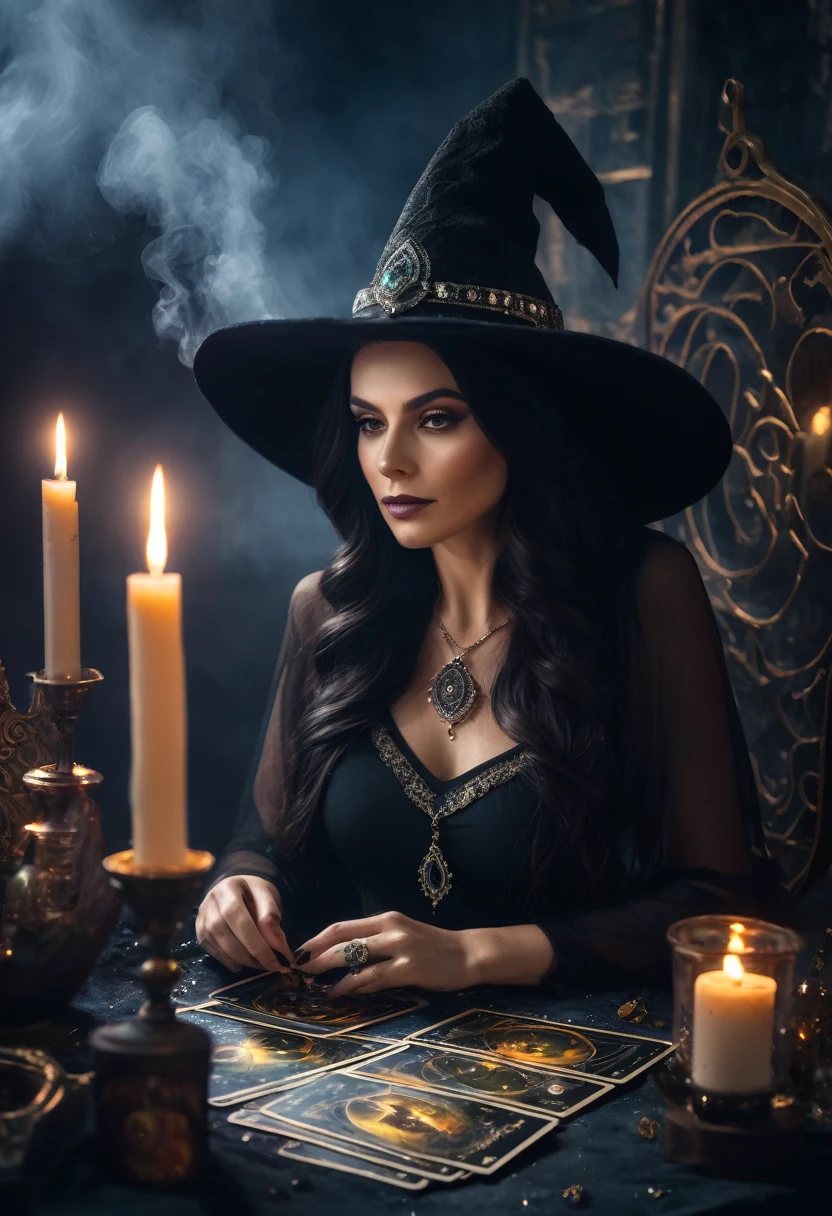 a beautiful woman , queen WITCH WITH A hat TAROT CARDS and crystals .the Style-RustMagic, Aum, (atmosfera escura:1.2), (Mist & smoke), (noite escura:1.3), Cicatrizes, (shaggy medium length dark hair:1.1), (sombra:1.1), (brilho lindamente detalhado:1.2), (cinematic lighting), detalhe intrincado, high resolution,