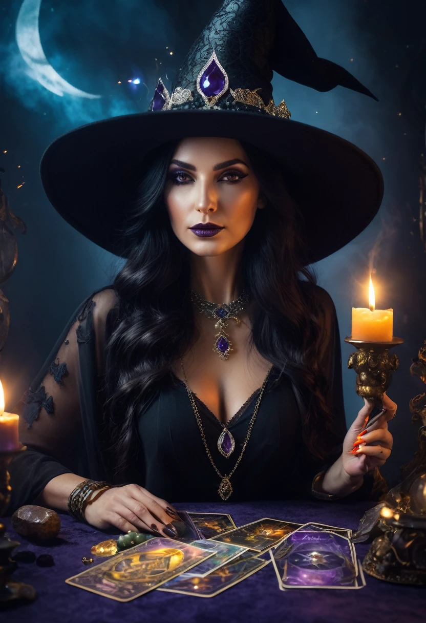 a beautiful woman , queen WITCH WITH A hat TAROT CARDS and crystals .the Style-RustMagic, Aum, (atmosfera escura:1.2), (Mist & smoke), (noite escura:1.3), Cicatrizes, (shaggy medium length dark hair:1.1), (sombra:1.1), (brilho lindamente detalhado:1.2), (cinematic lighting), detalhe intrincado, high resolution,