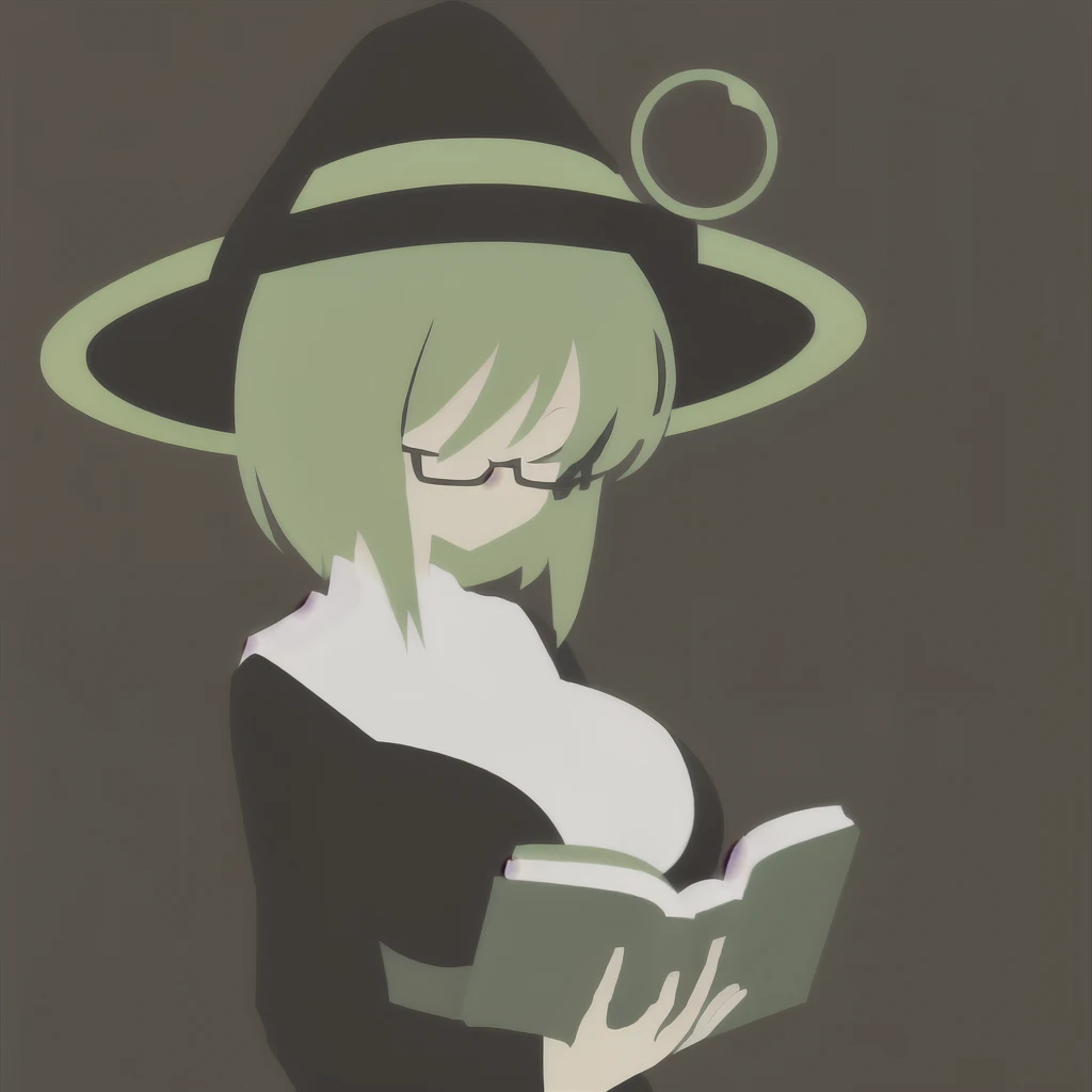 Anime Minimalist, One Girl, alone,Green Hair, Brown background, hair ornaments, librarian,Glasses,Have,Witch Hat,(Turned to the side:1.5),(Reading a book:1.3),(Big Breasts.1.7),(Huge breasts:1.1)