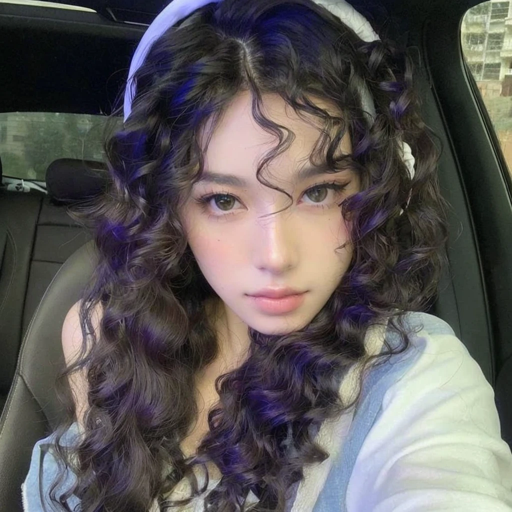 a close up of a woman with long hair wearing a headband, curly bangs, with long curly hair, ulzzang, white curly hair, with long hair, with long curly, curly middle part haircut, wavy hair spread out, curly bangs and ponytail, vibrant dark wavy hair, curly, long curly hair, curly long hair, long messy curly hair