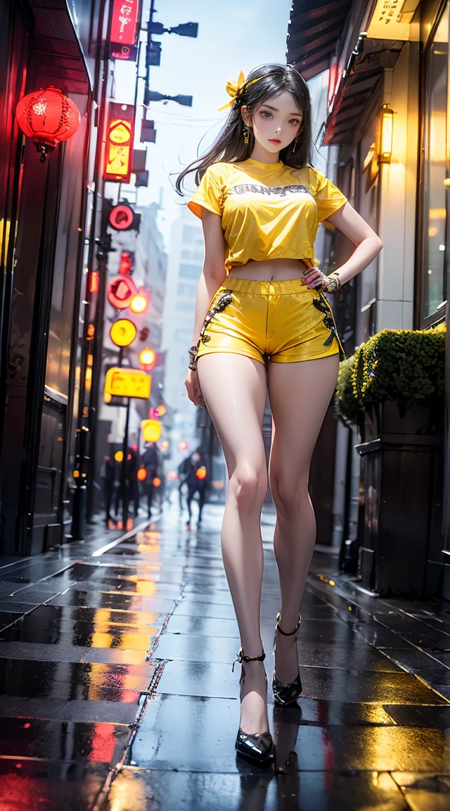 masterpiece,best quality,high resolution, 1 Girl,from below,(The legs are very thin and straight),,(Very long legs,Straight Legs),,High heel,long legs,stand up, Leg length when viewed from the front, Perfect body,Have perfect legs,(Exterior),Full Body Love,cyberpunk characters,dynamic poses,1 Girl,Exquisite eyes,Brown eyes,Eyeshadow,make up,Long gray hair, Detailed face, delicate eyes, Looking at the audience, blush\(make up\), Plump lips, Red lips,(Long gray hair:1.3), (stand up)Mechanical static,Machine Summoning,(Hair accessories:1.1),Headgear,((((Yellow short T-shirt,Ultra shorts)))),(Black stockings),City,Luminous winding,He held a long sword,arms,cyberpunk lamp:1.1),Neon,Fully mechanical and futuristic elements,science and technology,背景是一條中國傳統的street,China Town, street, sky sky, cyberpunk characters, Paper lanterns, Neon Super Resolution,(Reality:1.3),1(Slim:1.2),Dramatic Lighting,Vibrant details,Luxury Cyberpunk,Complex background,Octane Rendering,