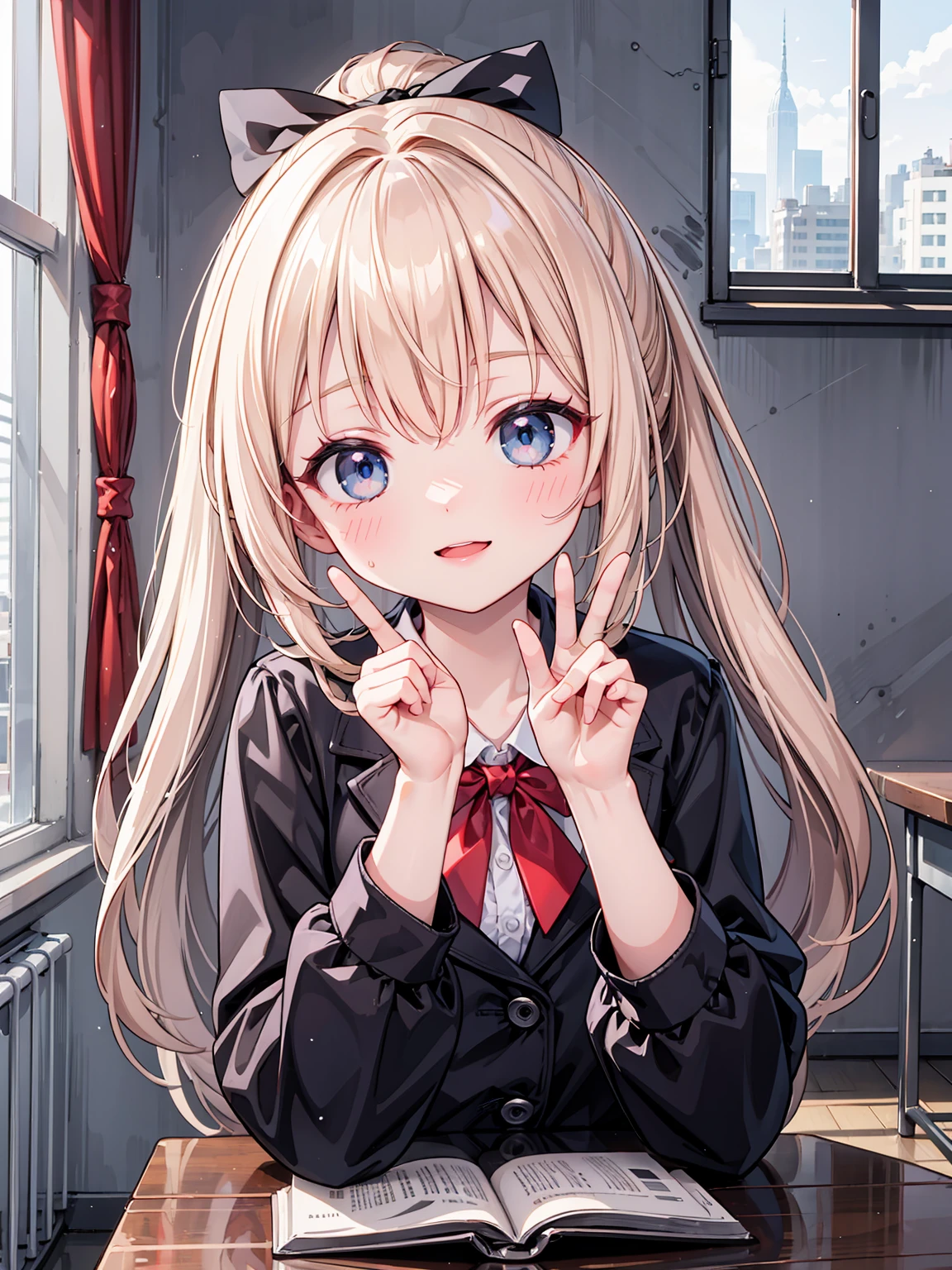 Masterpiece, best quality, high quality, very detailed CG uniform 8k wallpaper, detailed eye, contrast, colorful, sunlight, shiny hair, classroom, floor, 1girl, main character, beautiful face, cute face, blush, pink lips, cheerful, happy expression, smile, blonde hair, blue eyes, hair ribbon, ponytail, cute pose, peace sign, looking at camera, upper body