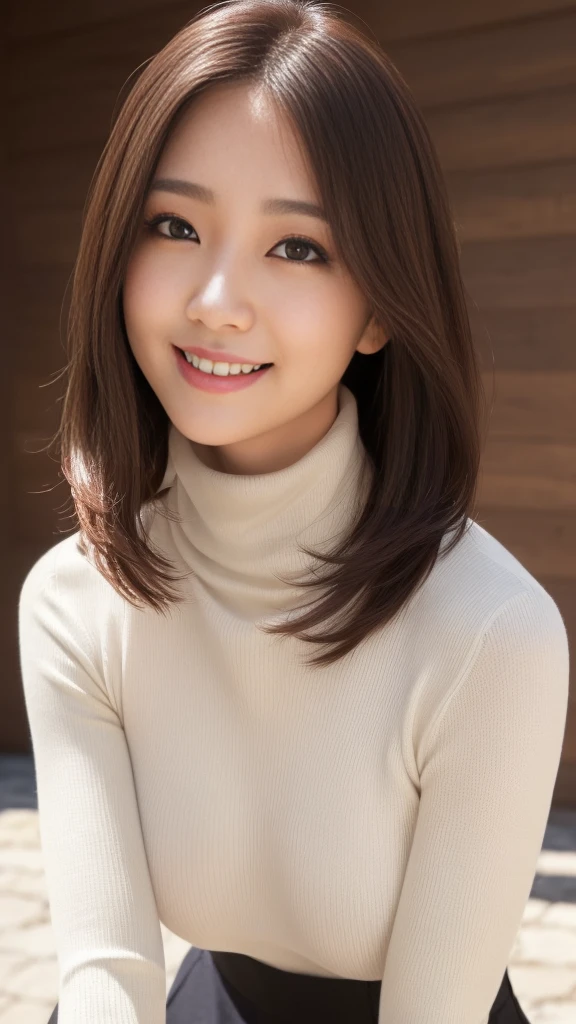 Light background、Japanese woman wearing a white turtleneck sleeveless sweater、 ,((getting on all fours、bend over、Put your hands on the ground)) , ((highest quality)), ((intricate details)), (((black long hair)), absurd solution, law of near and far, very detailed, realistic, 1 girl, ((big breasts)), perfect hands, finger details, beautiful and fine eyes, short hair, brown eyes,(turtleneck:1.2), Tight Skirt, detailed background, choker, perfect eyes, enchanting eyes,, from the front、laughter、Mole around the mouth、whiteknit dress