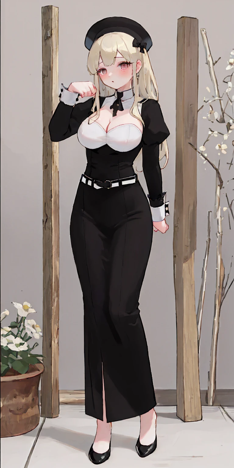 masterpiece full body toe to head beautiful woman butler, 1soloMILF BIMBO full body black uniform wearing a big belt (Nylon Belt for Women) (plain background) bracelets strong body paw pose standing by wooden pole