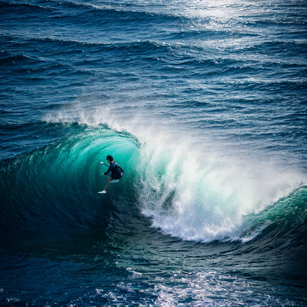 On a deep blue background、The coastline is depicted with violent waves crashing against it.。The bright moon shines above the sea、The light is reflected on the water surface。On the sandy beach、There is a person standing、he/he女の顔には悲しみと希望が入り混じった表情が見られます。he/he女は海を見つめ、Listening to the sound of the waves。he/he女の背後には、A bright, shining light floats as a door to the future。", High resolution, masterpiece, highest quality, Intricate details, Very detailed, Clear focus, Delicate skin, practical skin texture, texture, Delicate eyes, Professional, 4K, Shot with Canon, 85mm, Shallow and deep, Kodak Vision Color, Exactly, Very detailed, photograph_\(Extremist\), photographpractical, practical, Post-processing, Maximum details, Roughness, Real Life, Extremist practical, Photorealism, photographgraphy, 8K Ultra HD, photographgraphy
