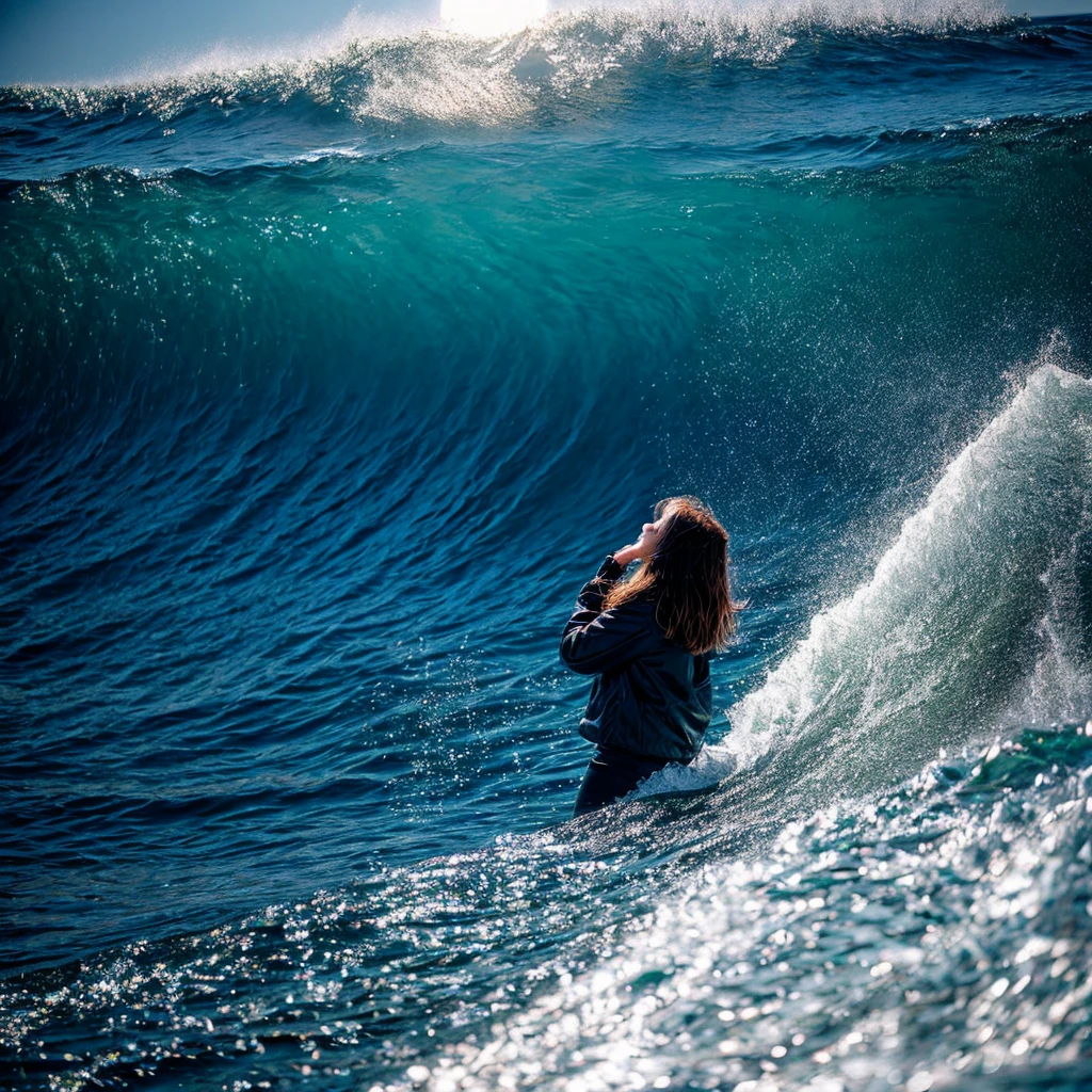 On a deep blue background、The coastline is depicted with violent waves crashing against it.。The bright moon shines above the sea、The light is reflected on the water surface。On the sandy beach、There is a person standing、he/he女の顔には悲しみと希望が入り混じった表情が見られます。he/he女は海を見つめ、Listening to the sound of the waves。he/he女の背後には、A bright, shining light floats as a door to the future。", High resolution, masterpiece, highest quality, Intricate details, Very detailed, Clear focus, Delicate skin, practical skin texture, texture, Delicate eyes, Professional, 4K, Shot with Canon, 85mm, Shallow and deep,  Kodak Vision Color, Exactly, Very detailed, photograph_\(Extremist\), photographpractical, practical, Post-processing, Maximum details, Roughness, Real Life, Extremist practical, Photorealism, photographgraphy, 8K Ultra HD, photographgraphy