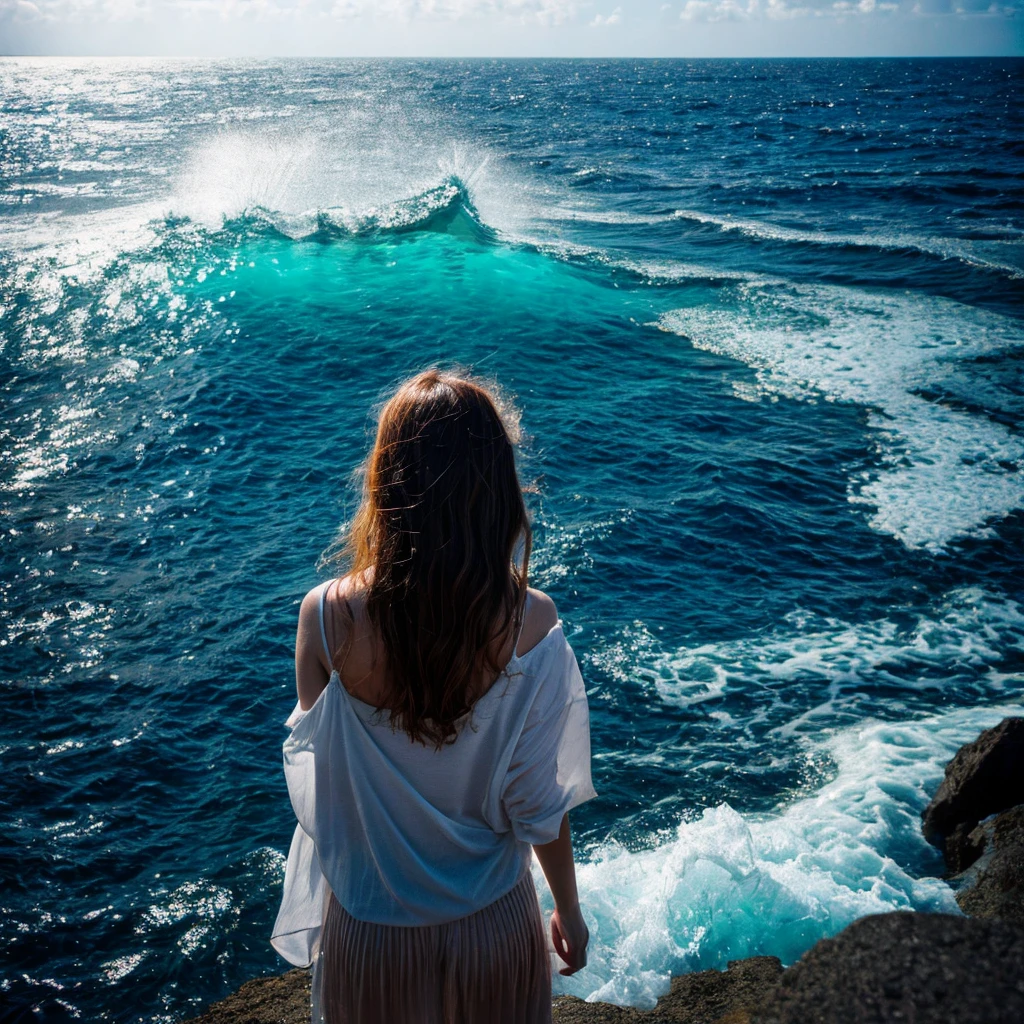 On a deep blue background、The coastline is depicted with violent waves crashing against it.。The bright moon shines above the sea、The light is reflected on the water surface。On the sandy beach、There is a person standing、he/he女の顔には悲しみと希望が入り混じった表情が見られます。he/he女は海を見つめ、Listening to the sound of the waves。he/he女の背後には、A bright, shining light floats as a door to the future。", High resolution, masterpiece, highest quality, Intricate details, Very detailed, Clear focus, Delicate skin, practical skin texture, texture, Delicate eyes, Professional, 4K, Shot with Canon, 85mm, Shallow and deep,  Kodak Vision Color, Exactly, Very detailed, photograph_\(Extremist\), photographpractical, practical, Post-processing, Maximum details, Roughness, Real Life, Extremist practical, Photorealism, photographgraphy, 8K Ultra HD, photographgraphy