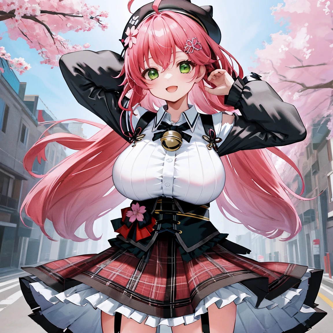 masutepiece, Best_Quality, hight_resolution, miko2,Ponytail, 1girl, Green eyes, Ahoge, black headwear, Hair Ornament, White shirt, black thighhighs, Pink hair, Red_skirt, very_short_skirt, plaid skirts, garter_strap, Collared shirt, hair clips, frilld, Bangs, hair between eye, frills skirt, beret, Pleated skirt, Hair Flower, Neck bell, , puffy long sleeves, Black bow, Underbust, Cowboy Shot,Smile, (gigantic_breasts:1.3),covered_nipples, covered_pussy,close_eyes, happy, childlike_posing,spread_legs,smile,cherryblossom_background,