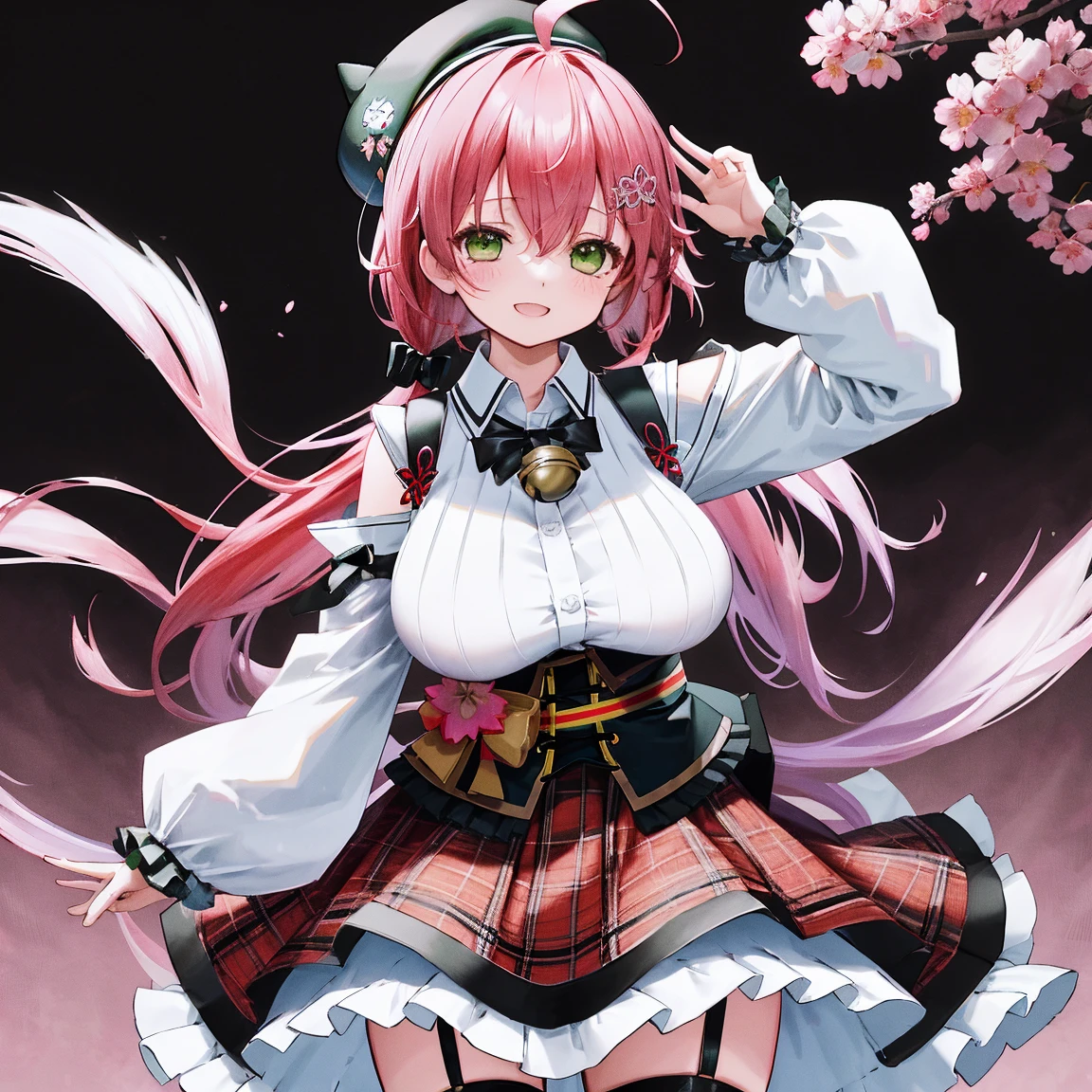 masutepiece, Best_Quality, hight_resolution, miko2,Ponytail, 1girl, Green eyes, Ahoge, black headwear, Hair Ornament, White shirt, black thighhighs, Pink hair, Red_skirt, very_short_skirt, plaid skirts, garter_strap, Collared shirt, hair clips, frilld, Bangs, hair between eye, frills skirt, beret, Pleated skirt, Hair Flower, Neck bell, , puffy long sleeves, Black bow, Underbust, Cowboy Shot,Smile, (gigantic_breasts:1.3),covered_nipples, covered_pussy,close_eyes, happy, childlike_posing,spread_legs,smile,cherryblossom_background,